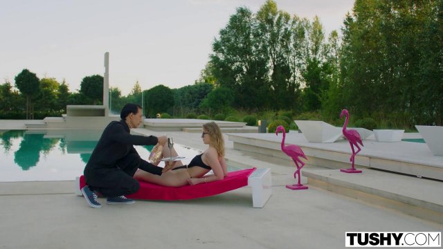 Превью Нежный анальный секс парочки на белом диване у бассейна № 35617